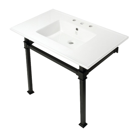 Kingston Brass KVPB37228Q0 37-Inch Console Sink with Stainless Steel Legs (8-Inch, 3 Hole), White/Matte Black KVPB37228Q0